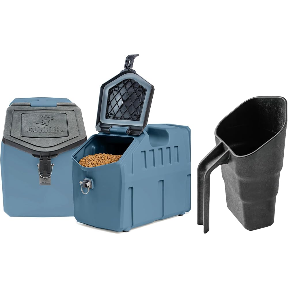 GUNNER 50 lbs Dog Food Storage Container with Measuring Scoop – Waterproof & Airtight Pet Food Bin for Dry Food, Corn, Chicken Feed, Bird Seed & Treats – 3 Cup Ergonomic Scooper with Markers - Blue