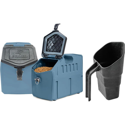 GUNNER 50 lbs Dog Food Storage Container with Measuring Scoop – Waterproof & Airtight Pet Food Bin for Dry Food, Corn, Chicken Feed, Bird Seed & Treats – 3 Cup Ergonomic Scooper with Markers - Blue