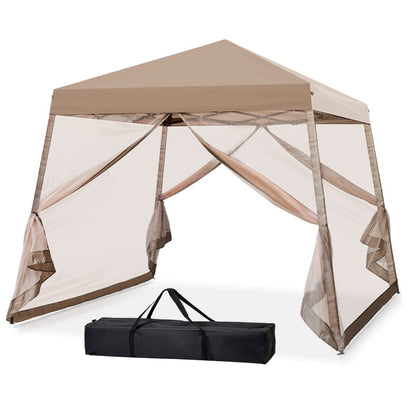 INTER HUT 10x10 Pop Up Canopy Tent, Slant Leg Instant Screened Gazebo with Mesh Walls, UV Protection, Water Resistant, Beige