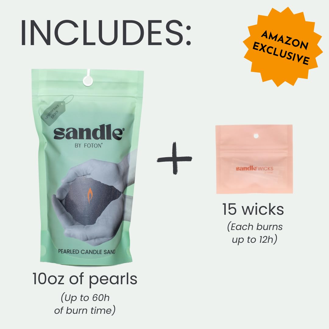 Sandle by Foton Pearled Candle 10 Oz – Black Unscented, Non Toxic Luxury Long Lasting Sand Candles up to 60 Hours - Refillable Sand Candle with 15 Wicks for Candles Making