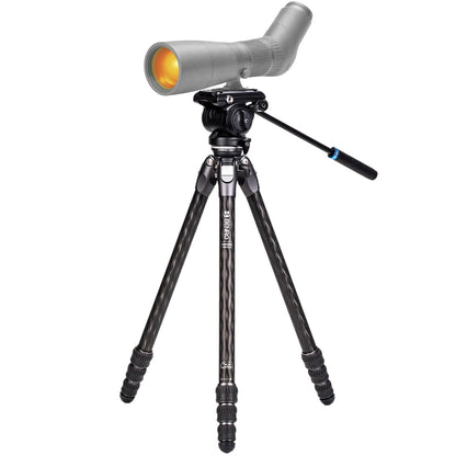 Benro Tortoise Carbon Fiber Tripod Kit for Spotting Scopes, Binoculars, Rifle Range and Field, Smooth Fluid Head, Leveling Base, Twist Locks, Adjustable Legs, Spiked Feet, 62" Max Ht, 8.8lb Payload