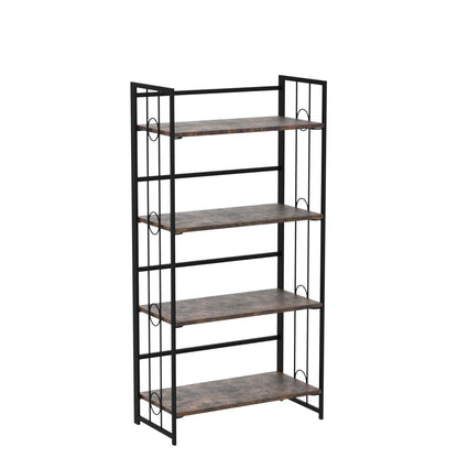 4NM No Assembly 4 Tiers Folding Bookshelf, 47.2" H Foldable Storage Shelves Vintage Bookcase Standing Racks Study Organizer Home Office - Rustic Brown Black