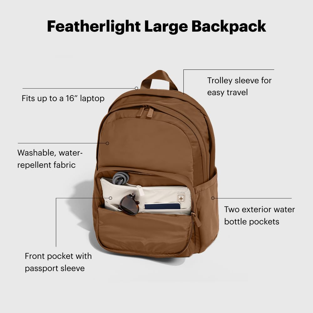 Away Featherlight Large Backpack for Travel & Work - Ergonomic Lightweight Bag with 16 Inch Laptop Sleeve, Passport Pocket & Trolley Sleeve, Amaro Brown