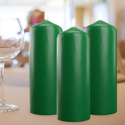 Cone Top Pillar Candles by Bask - Set of 6-3" x 6" Dripless Unscented Holiday Candles in Green for Home Decor, Relaxation & All Occasions