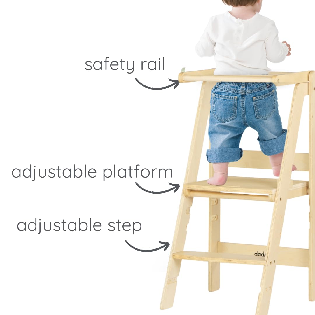 dadada Baby Foldable Montessori Tower - Adjustable Kitchen Step Stool for Kids with Safety Rail, Non-Toxic Finish, Great for Small Space Living (Natural)