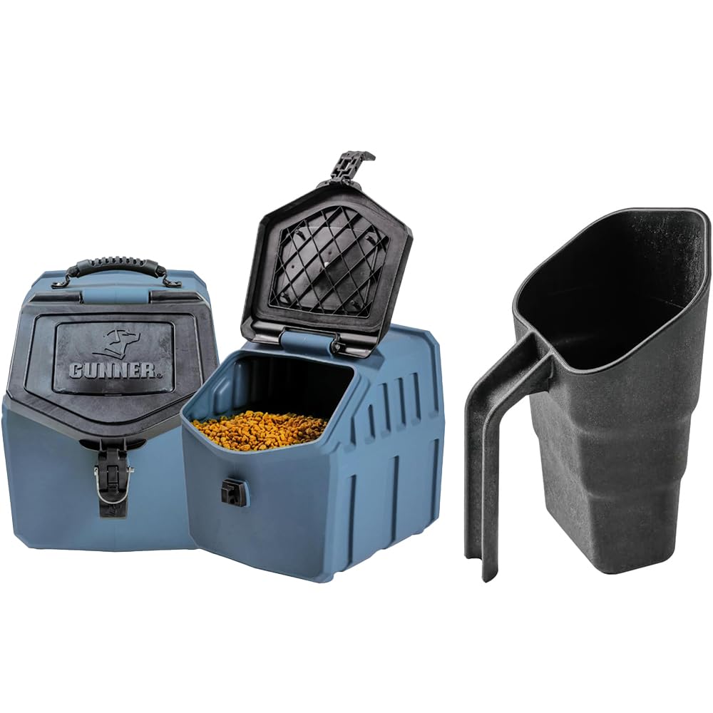GUNNER 30 lbs Dog Food Storage Container with Measuring Scoop – Waterproof & Airtight Pet Food Bin for Dry Feed, Corn, Chicken Feed, Bird Seed, Treats & More – Ergonomic 3 Cup Scooper with Markers