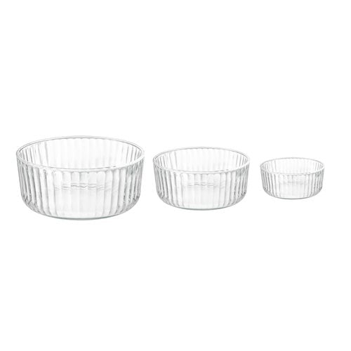 Bormioli Rocco Exclusiva Glass Bowl Set of 3 – 7", 6", 4.75" Stackable Serving Bowls for Snacks, Chips, Dips & Salads – Decorative 3-Size Clear Tableware Collection, Dishwasher Safe, Light-Reflective