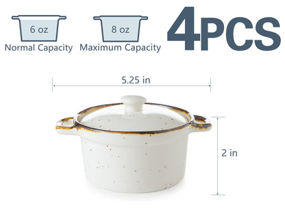 ONEMORE Mini Cocotte Set of 4, 6 oz Ceramic Ramekins with Lids and Handles, Small Casserole Dishes for Oven, Mini Dutch Oven for French Onion Soup, Souffle and Baking, Microwave & Dishwasher Safe, Creamy White