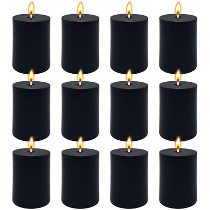 2x3 Inch Black Pillar Candles, 12 Pack Unscented Column Candles for Home Restaurants Spa Church Weddings, Smokeless Dripless and Clean Burning Emergency Candle