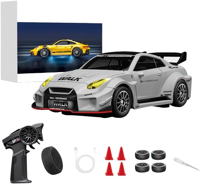 1/43 Scale RC Drift Car 2.4G Full Proportional 4WD Remote Control Car with Gyro Adjustable Speed &amp LED Lights Alloy RC Vehicle for Adult
