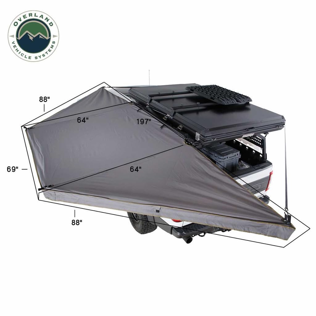 Overland Vehicle Systems 19609917 HD Nomadic 180 LTE Awning Universal | 59 Sq Ft of Coverage | Dark Gray Fabric with Black Travel Cover Included | Twist and Lock Technology | Heat-Sealed Seams