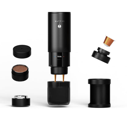 Nuttii E-Coffee Portable Espresso Machine, 20 Bar Self-Heating Travel Coffee Maker, Precise Pressure Control for Golden Extraction, Supports Ground & Capsule Coffee for RV, Camping & Office (Black)