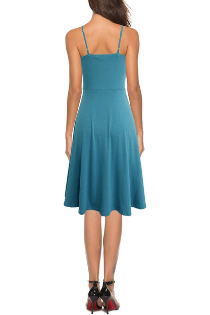 Sexy Sleeveless Knee Length Solid Cotton Fit and Flare Summer Wedding Party Button Down Light Blue Sundress
