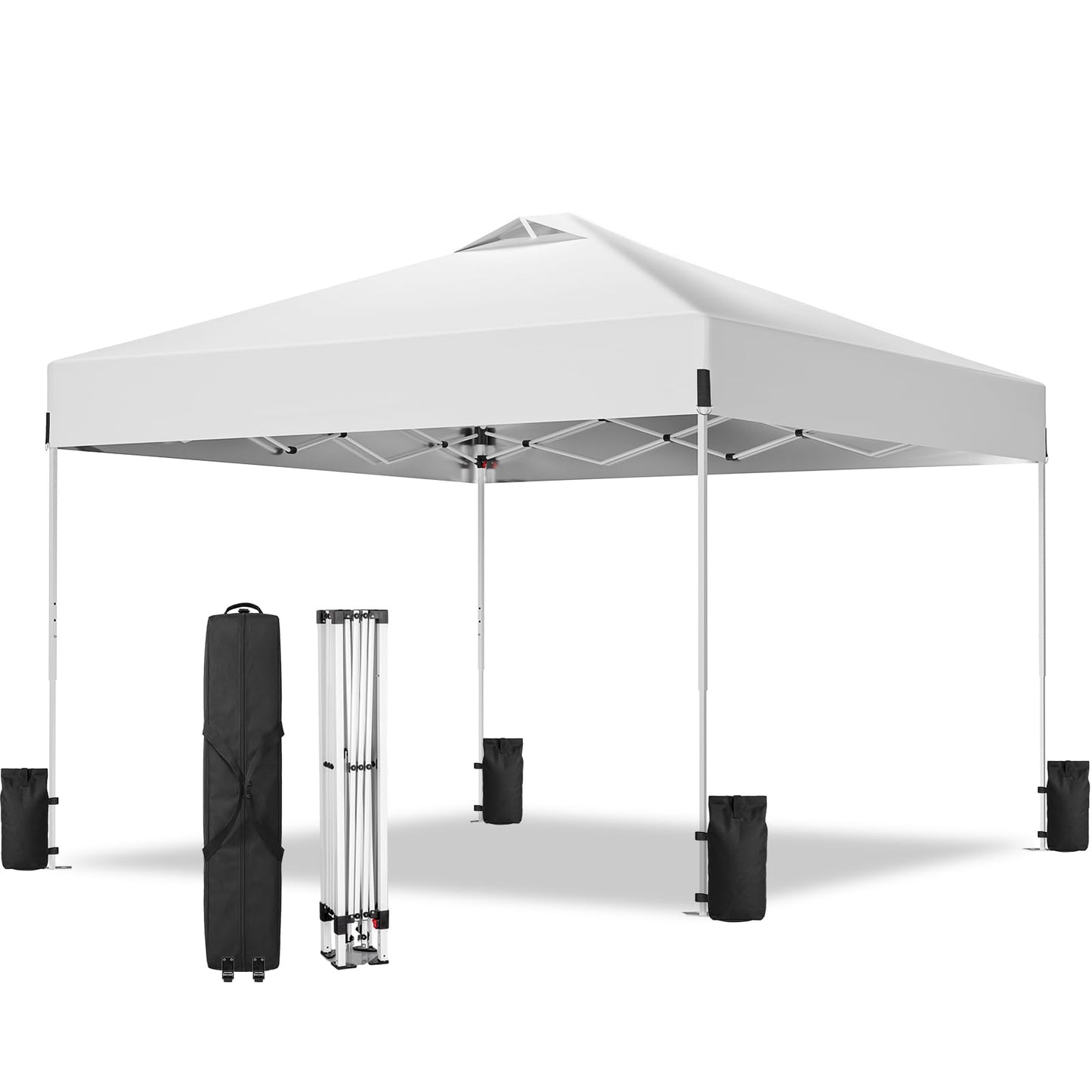 10x10ft Pop Up Canopy, Heavy Duty Beach Tent with Waterproof Silver Coated Top, 3 Heights & 4 Sandbags, Sun Shade with Rolling Bag, Outdoor Tent for Events, Parties, Camping - Silver White