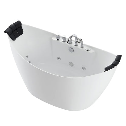 Empava 68 in. Acrylic Freestanding Tub Hydromassage Gracefully Oval Shaped Whirlpool 8 Water Jets Soaking SPA, Double-Ended Massage Bathtub with 2 Black Pillows , White