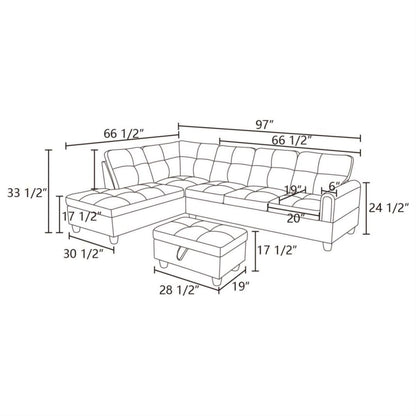 UOCFYK Dark Brown L-Shaped 3-Piece Flannel Sofa with Storage Ottoman Set, Sectional Couch Sofa Set for Living Room, Office, Small Space