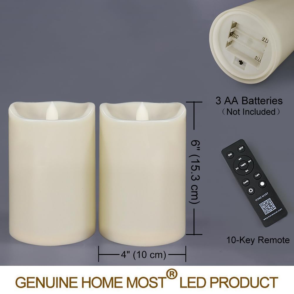HOME MOST Pack of 2 Ivory LED Pillar Candles Outdoor IP65 Waterproof 4x6 - Large Pillar Candles Battery Powered with Timer and Remote - Oblique Edge Unscented Outdoor Flameless Candles Flickering