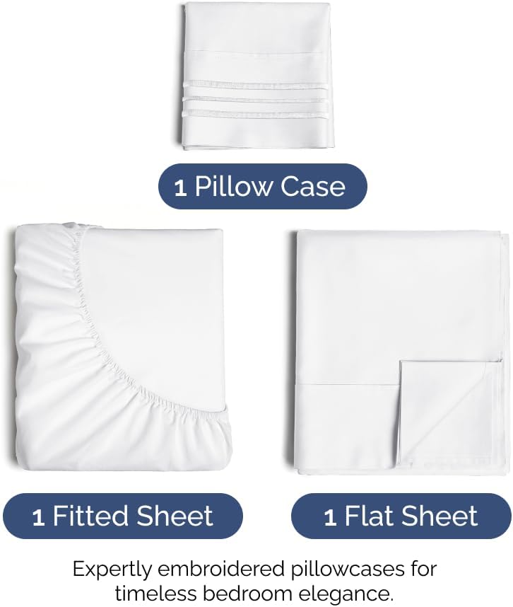 Ultra Soft Twin Size 3-Piece Sheet Set by [Brand Name] | Cooling, Wrinkle-Free Bedding - Fits 8-16 Inch Mattresses - Bright White