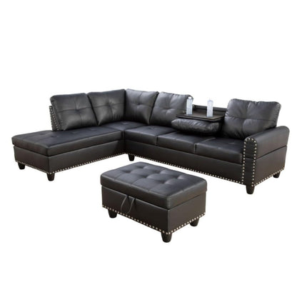 UOCFYK L-Shaped 3-Piece Faux Leather Sofa with Ottoman, Sectional Couch Set for Living Room, Office, Apartment, with Cup Holder, Black