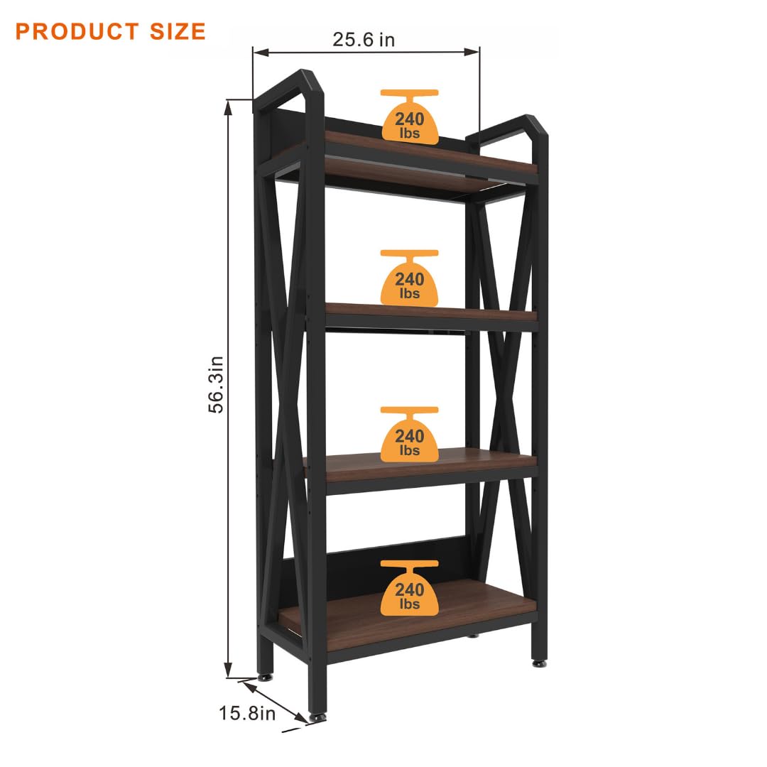 flowmultiply 4-Tier Bakers Rack Storage Shelf – Metal & Wood Kitchen Organizer with Adjustable Shelves, Rustic Industrial Shelf for Pantry or Office (15.8" L × 25.6" W × 56.3" H)