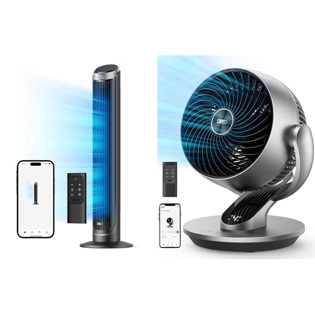 Dreo Smart Tower and Air Circulator Fans Bundle, 90° Oscillating Quiet Bladeless Room Fan with Remote and 13" Table Fan with Remote