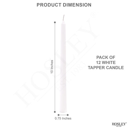 Hosley 12-Pack Unscented 10 Inch White Taper Candles, Premium Quality Smokeless, Dripless Candle Sticks for Home Décor, Restaurant, Church, Weddings & Parties