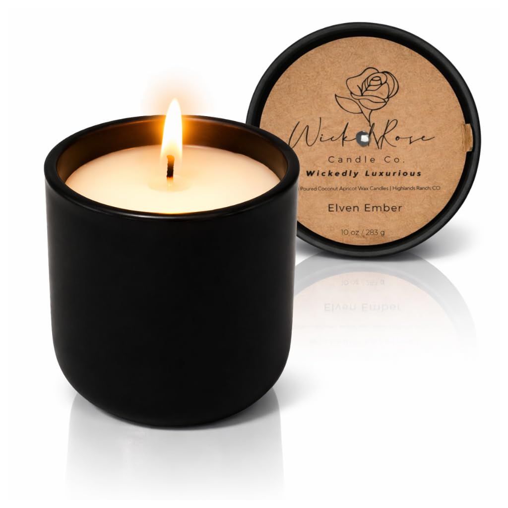 Wicked Rose Candle Co. Elven Ember Scented Candle | Honeysuckle, Palo Santo & Sandalwood | 10 oz Hand-Poured Coconut Apricot Wax | 45+ Hour Clean Burn | Reusable Ceramic Vessel