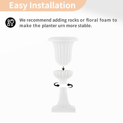 NUPTIO 2 Pcs Classic Urn Planter, 19.7 inch Tall Large Plastic Outdoor Urns Planters, Pedestal Flower vases Plant Pot, Resin Grecian Plants pots for Garden Porch Front Door, White