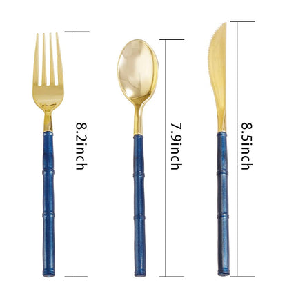 Supernal 180pcs Gold Plastic Silverware,Gold Plastic Cutlery with Blue Glitter Bamboo Handle,Elegant Durable Disposable Cutlery Heavy Duty include 60 Knives,60 Forks,60 Spoons