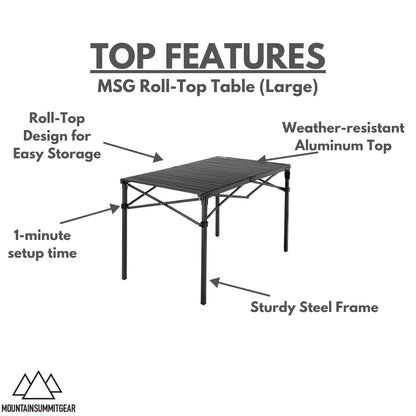 MOUNTAIN SUMMIT GEAR Heavy-Duty Roll-Top Table for Camping (Large) - Portable Aluminum-Top Folding Table with Steel Frame by Caddis Sports