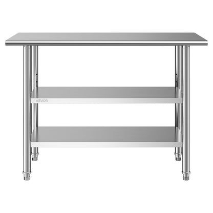 VEVOR Stainless Steel Work Table, 24x48 Inch Food Prep Table with 2 Shelves, Commercial Kitchen Workstation, Metal Heavy Duty Utility Worktable, for Restaurant Home Hotel Garage Outdoor