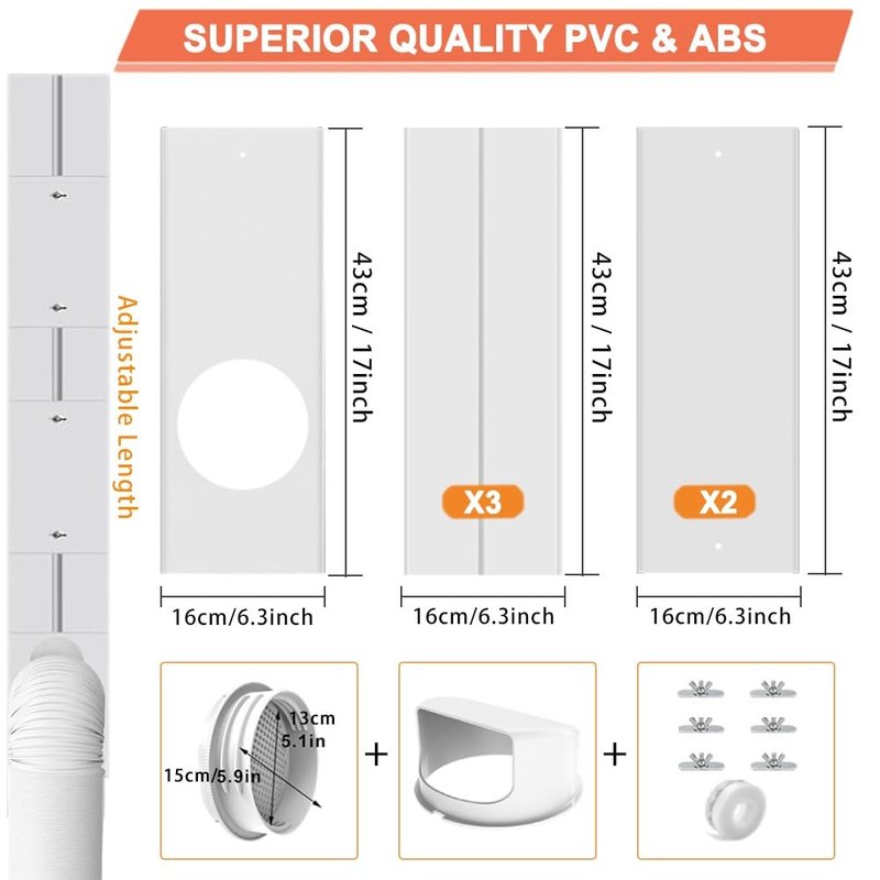 Complete 6-Piece Window Seal Kit for Portable Air Conditioner - Fits Sliding Windows and Doors - Extends up to 87in - Includes 5.9in Exhaust Hose and Rain Cover