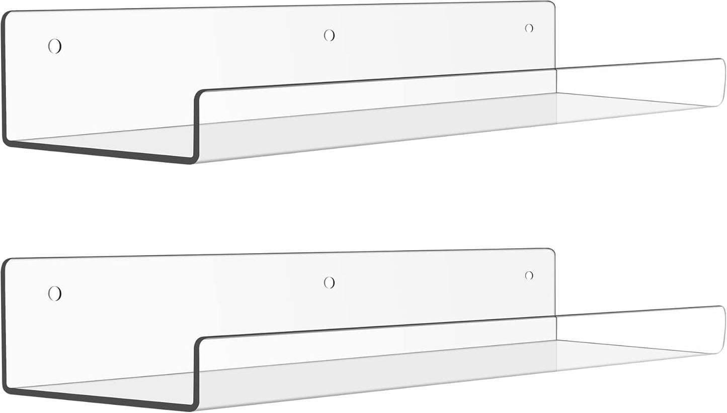 Upsimples Acrylic Floating Shelves - Versatile Wall Organizer for Bathroom, Bedroom, or Living Room | Clear, 15" - 2 Pack
