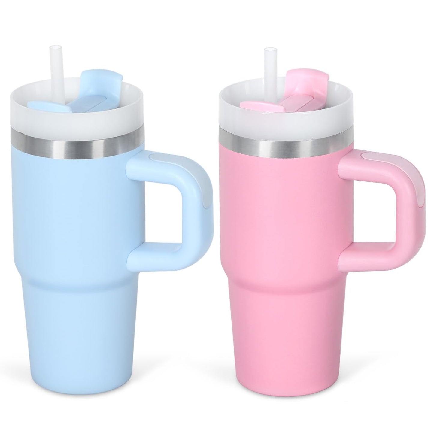 Cosictic 14 Oz Tumbler with Handle and Straw for Kids, Stainless Steel Double Wall Vacuum Insulated Cup for Children, 14 Oz Cups for Kids (Sky Blue, Pink)