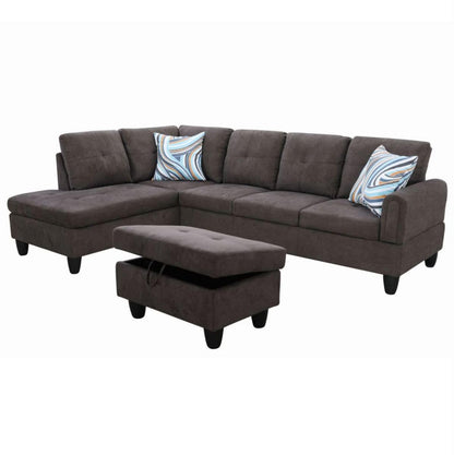 UOCFYK Dark Brown L-Shaped 3-Piece Flannel Sofa with Storage Ottoman Set, Sectional Couch Sofa Set for Living Room, Office, Small Space