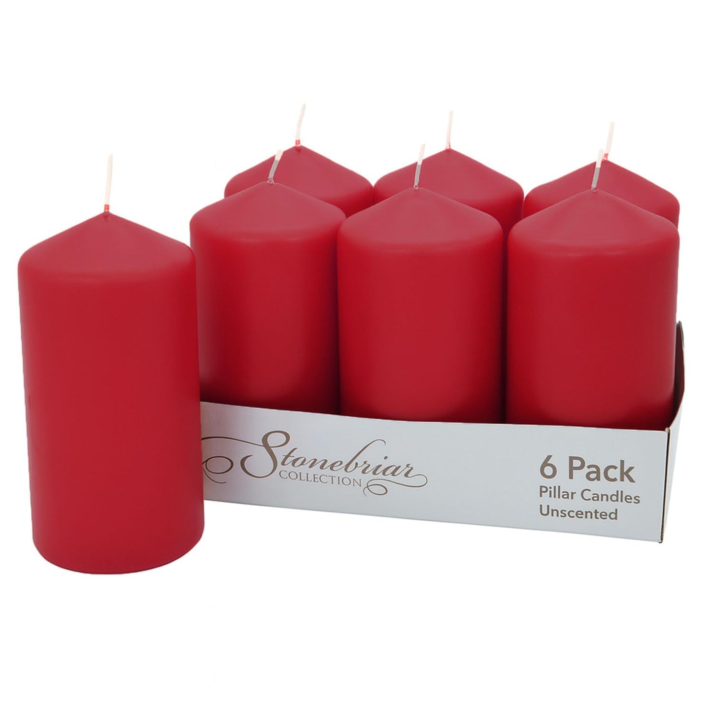 Stonebriar Unscented Pillar Candles – 65 Hour Burn Time, Long-Lasting Wax Candles for Weddings, Holidays, Home Décor & Special Events, Pack of 6, Red, 3" x 6"