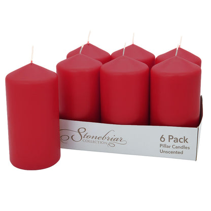 Stonebriar Unscented Pillar Candles – 65 Hour Burn Time, Long-Lasting Wax Candles for Weddings, Holidays, Home Décor & Special Events, Pack of 6, Red, 3" x 6"