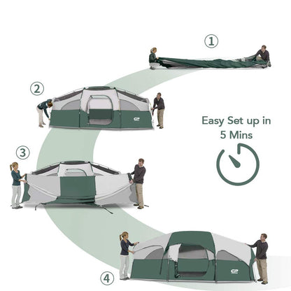 CAMPROS CP Tent 8 Person Camping Tents, Weather Resistant Family Tent, 5 Large Mesh Windows, Double Layer, Divided Curtain for Separated Room, Portable with Carry Bag - Dark Green