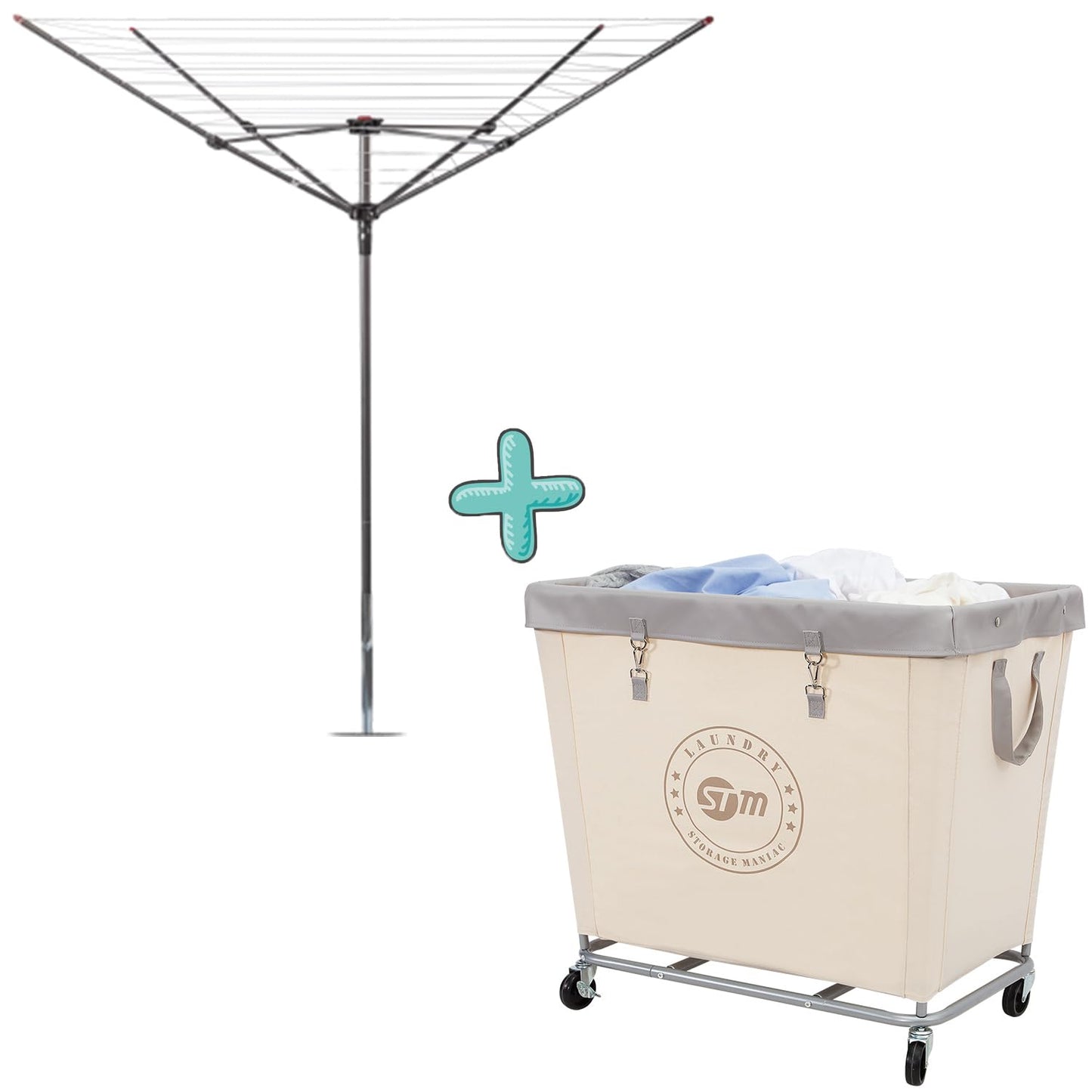 STORAGE MANIAC Umbrella Drying Rack and Large Industrial Laundry Cart Set - Robust Laundry Solution with Ample Capacity and Versatile Storage Options for Homes, Hotels, and More