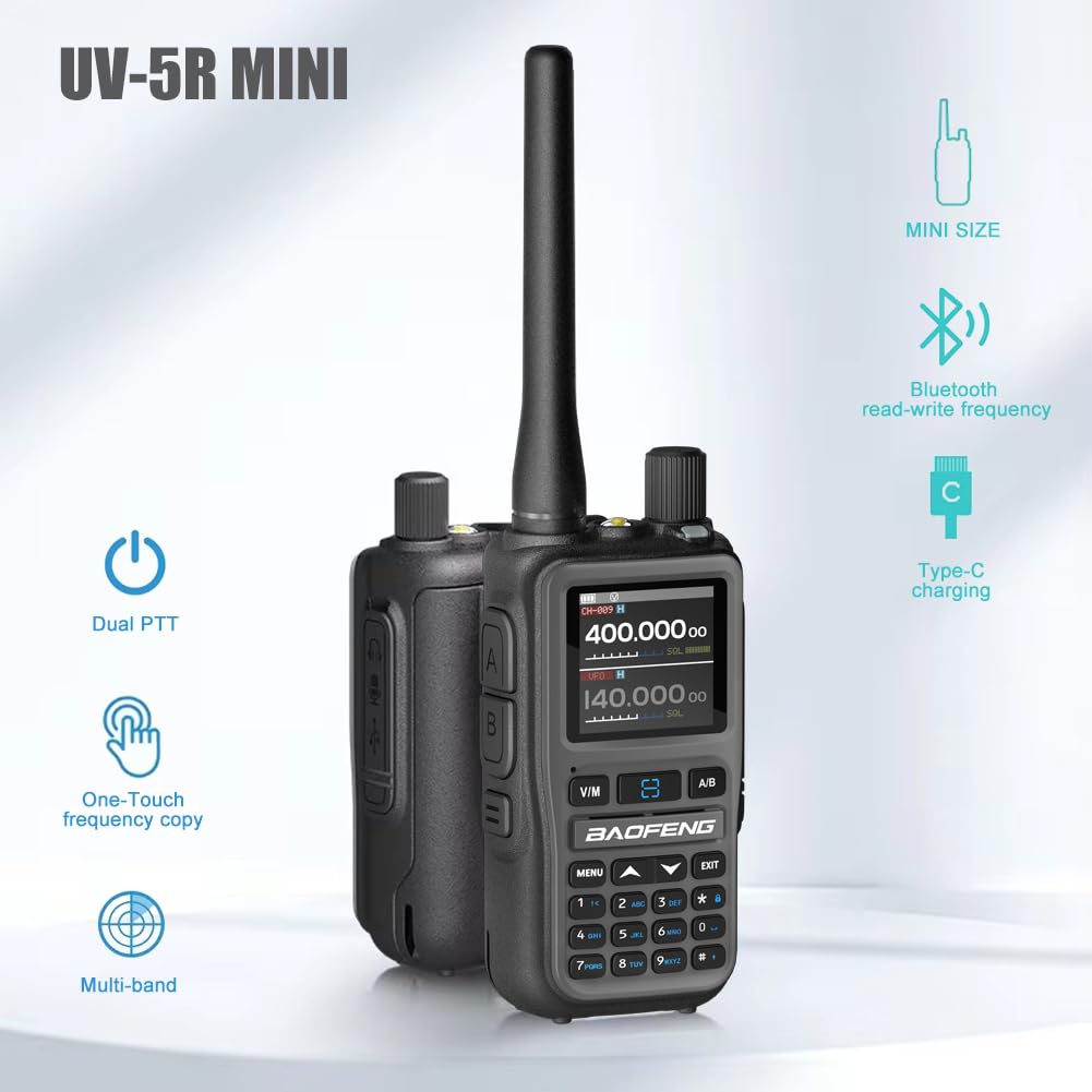 BAOFENG UV-5R MINI 6 Pack Ham Radio, 5W Dual Band Two Way Radio, 999 Channels with Wireless Programming, USB-C, VOX, for Security, Event Management, Warehouse, Farm, School and Business Use, Gray