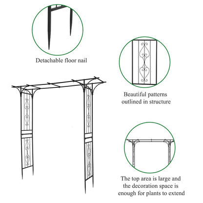85" Metal Garden Arch Trellis for Climbing Plants, Large Flat Top Iron Arbor for Wedding Events & Backyard, Rustproof Outdoor Flower Support Rack for Roses & Vines, 6.7ft Wide, Black