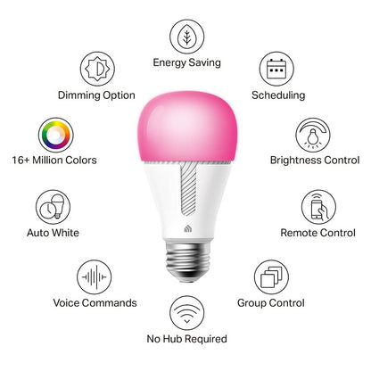 Kasa Smart Light Bulbs, Full Color Changing Dimmable Smart WiFi Bulbs Compatible with Alexa and Google Home, A19, 9W 800 Lumens,2.4Ghz only, No Hub Required, 4 Count (Pack of 1), Multicolor (KL125P4)