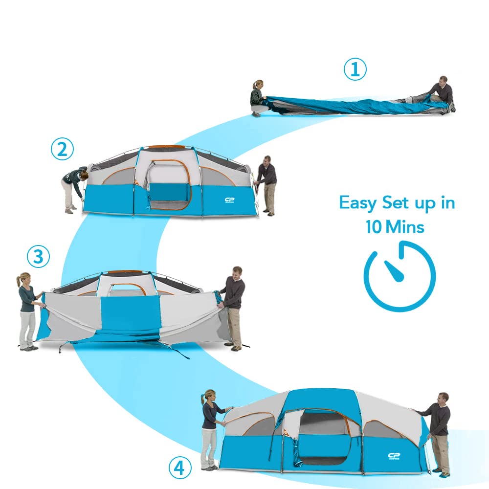 CAMPROS CP Tent 8 Person Camping Tents, Weather Resistant Family Tent, 5 Large Mesh Windows, Double Layer, Divided Curtain for Separated Room, Portable with Carry Bag - Sky Blue
