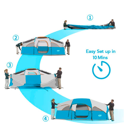CAMPROS CP Tent 8 Person Camping Tents, Weather Resistant Family Tent, 5 Large Mesh Windows, Double Layer, Divided Curtain for Separated Room, Portable with Carry Bag - Sky Blue