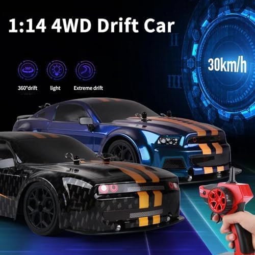 RC Drift Car 1:14 4WD 30KM/H High Speed RC Racing Car 2.4GHz Remote Control LED Lights 2 Batteries Race &amp Drift Tires for Adults (Blue)