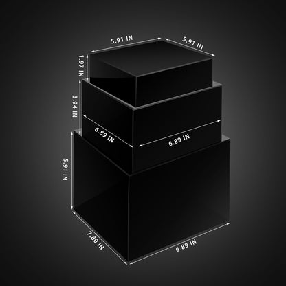 Bucherry 6 Pcs Acrylic Display Risers - Nesting Cubes 5 Sided with Hollow Bottoms Display Stand Shelf for Cosmetics Food Collectibles Jewelry Figures Show (Black)