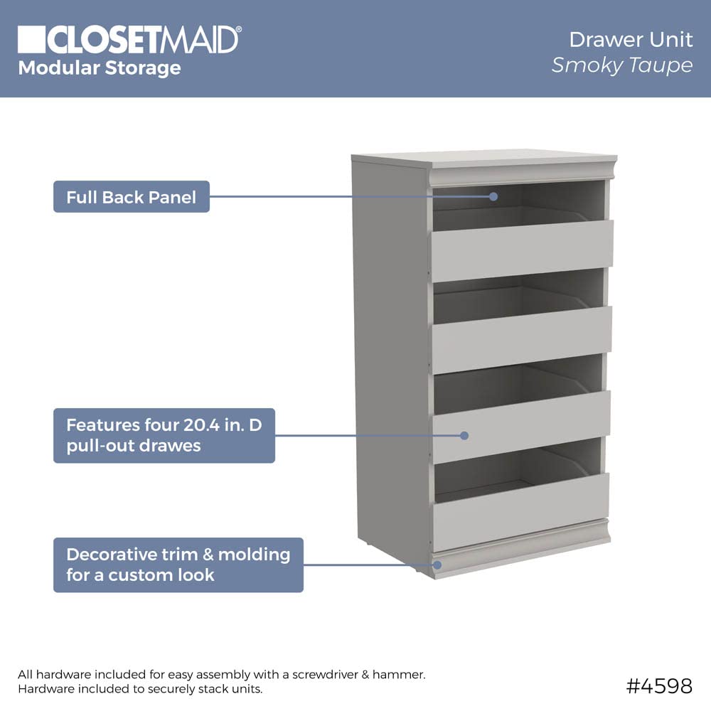 ClosetMaid 4598 Modular Storage Stackable Unit with 4 Drawers, Taupe & 4610 Modular Storage Shelf and Hang Rod Kit, Taupe