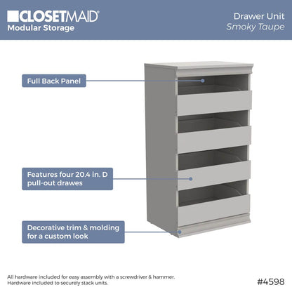 ClosetMaid 4598 Modular Storage Stackable Unit with 4 Drawers, Taupe & 4610 Modular Storage Shelf and Hang Rod Kit, Taupe