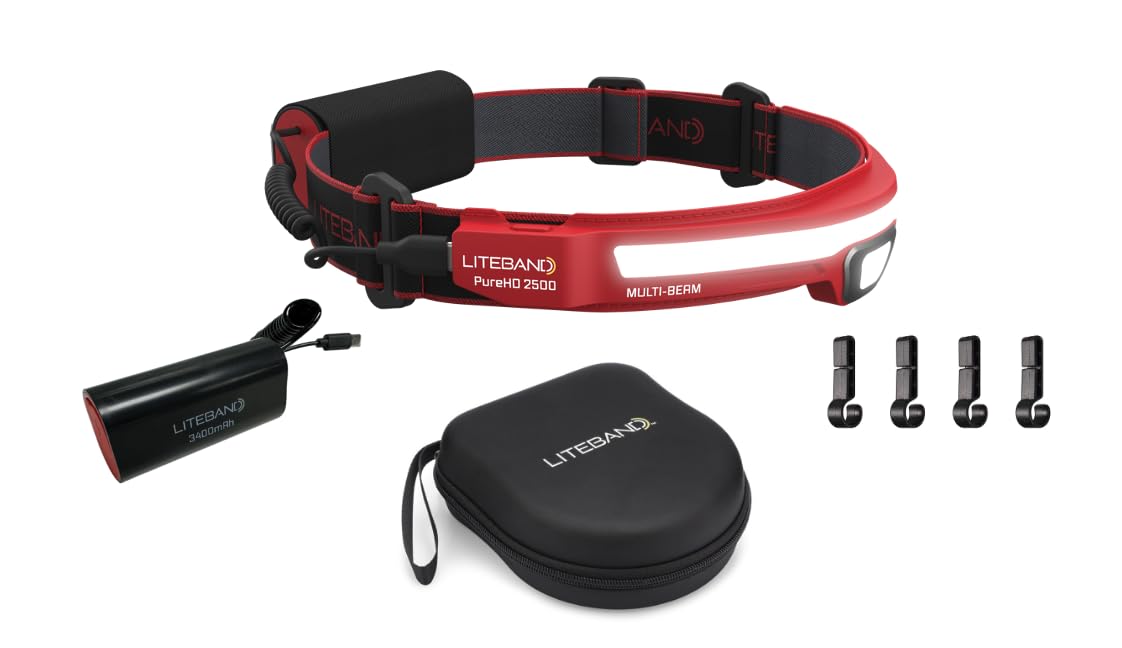 Liteband Bundle PRO PureHD 2500 Lumens LED Headlamp Rechargeable Battery Powered, Bright Head Lamp Flashlight, Hard Hat Light, Mechanic Lamps, Camping, Running, Best Rated for Forehead, Red