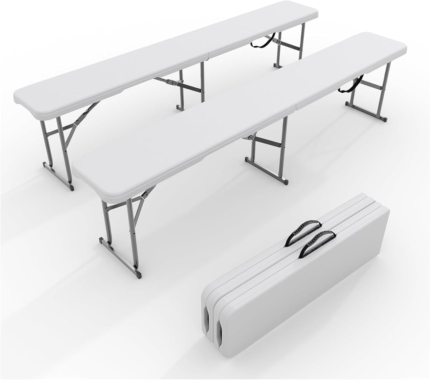 EliteEdge 6Ft Plastic Folding Bench, 2 Pack Portable Folding Bench, Foldable HDPE Waterproof Outdoor Benches with Carrying Handle Picnic Camping Sports Party Activities, White (White-2pc)